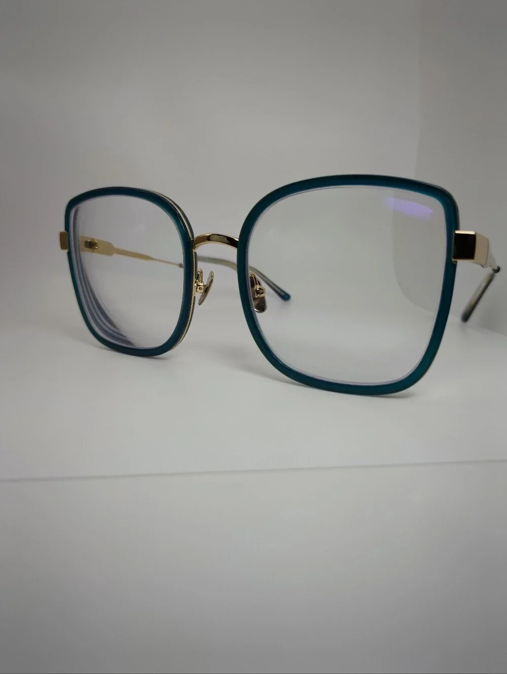 Margot. Stylish Teal Square Women's Eyewear with Gold Accents. Full Metal Frame.